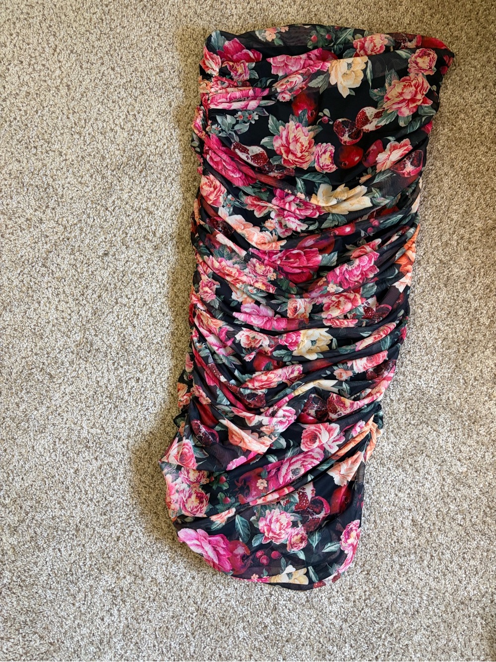 Express Floral Ruched Bodycon skirt- Black with Pink & Red Blooms